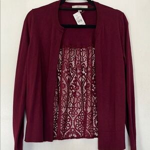 LOFT Red Cardigan Sweater with Ornate Back Panel